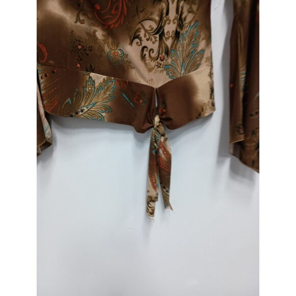 Vintage 90s Unix Womens Crop Top Large Brown Paisley Flared Sleeve BOHO Fairy - Picture 2 of 10